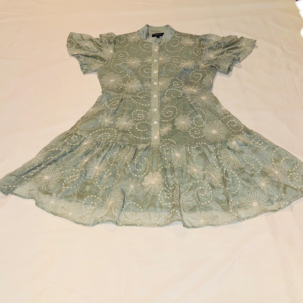 Beulah Light Sage Green Embroidered Mini Dress